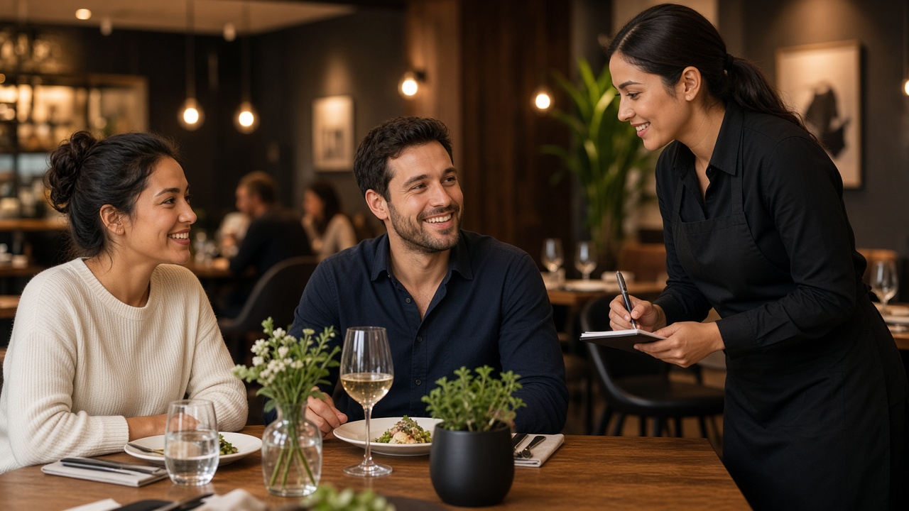 Restaurant server assisting guests at their table